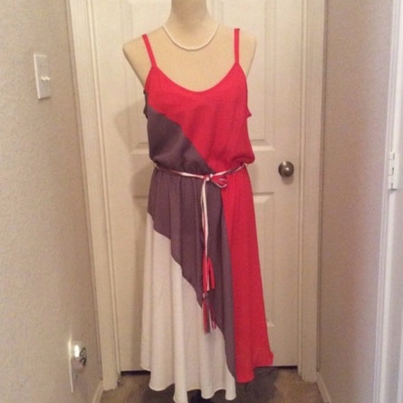 J.B.S. Dresses & Skirts - J.B.S. Asymmetrical Colorblock Maxi Dress in Red, Gray, White